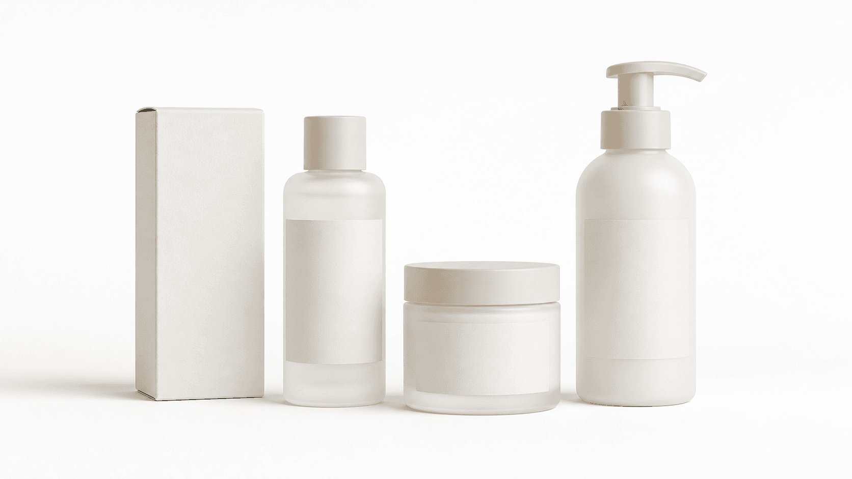 Blank premium packaging lineup on a bright e-commerce studio background.