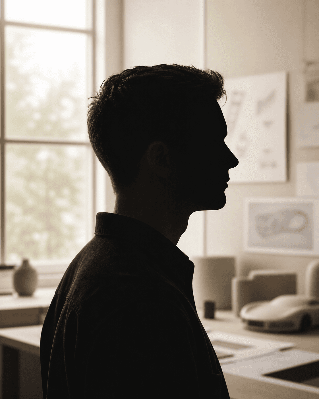 Studio owner portrait in side profile